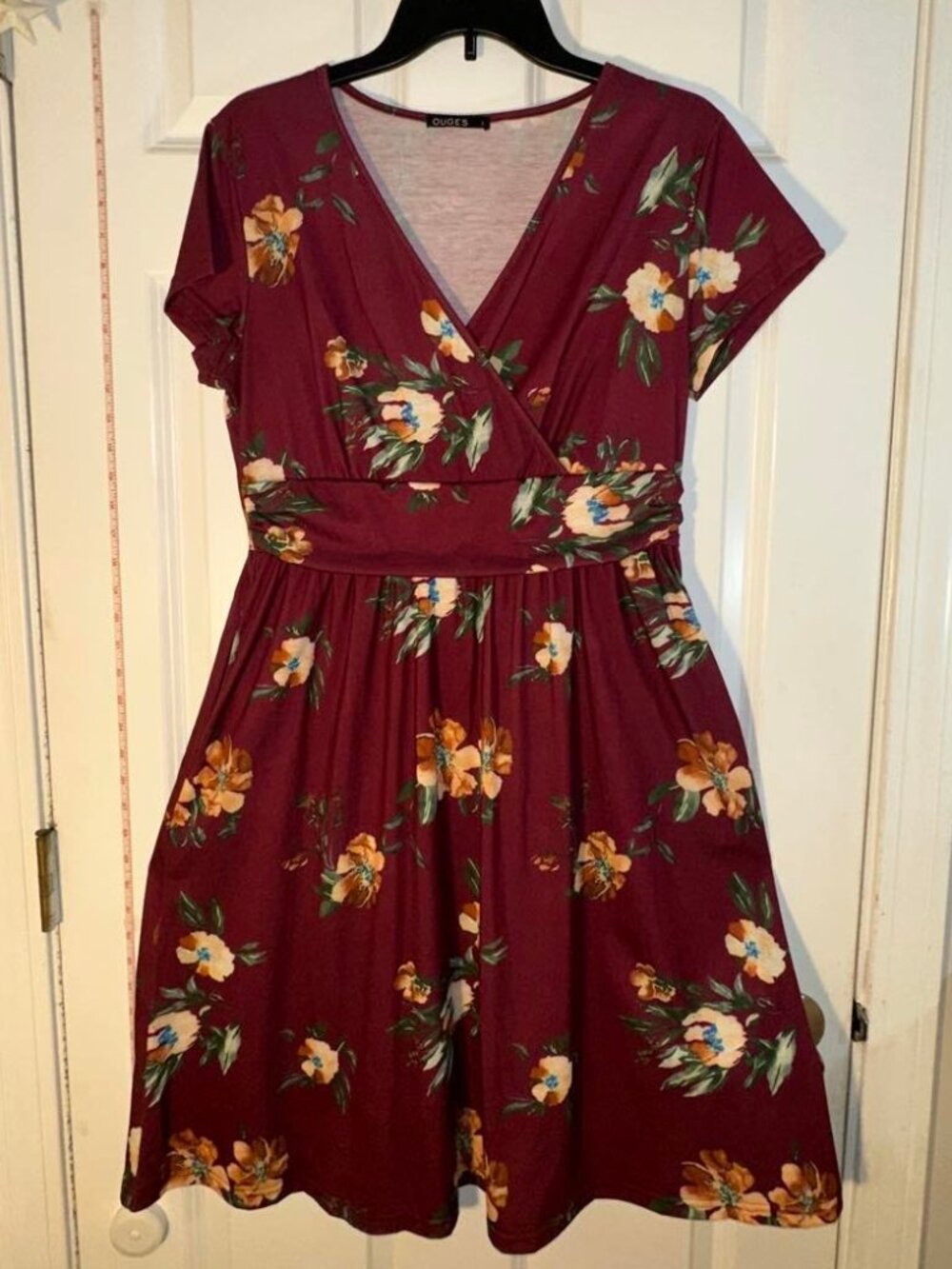 Ouges Burgundy Floral Faux Wrap Dress Empire Waist Short Sleeve Fit & Flare L